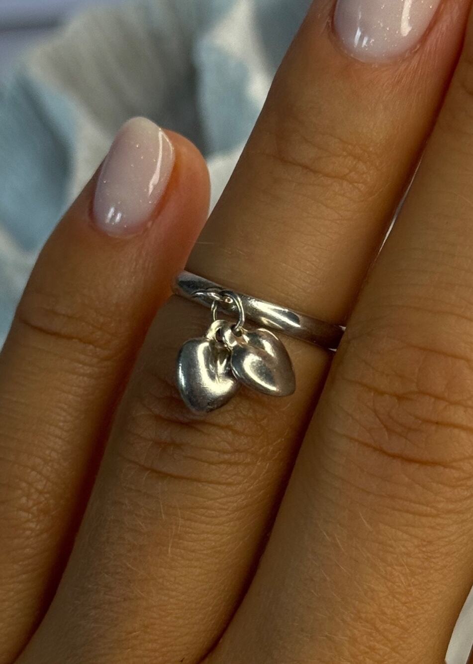 925 Sterling Silver 2 Hearts Charms Ring Size 5